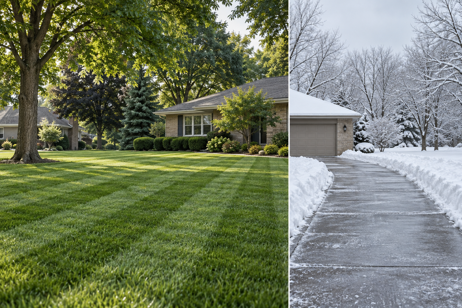Seasonal illustration of a mowed lawn and a cleared snowy driveway